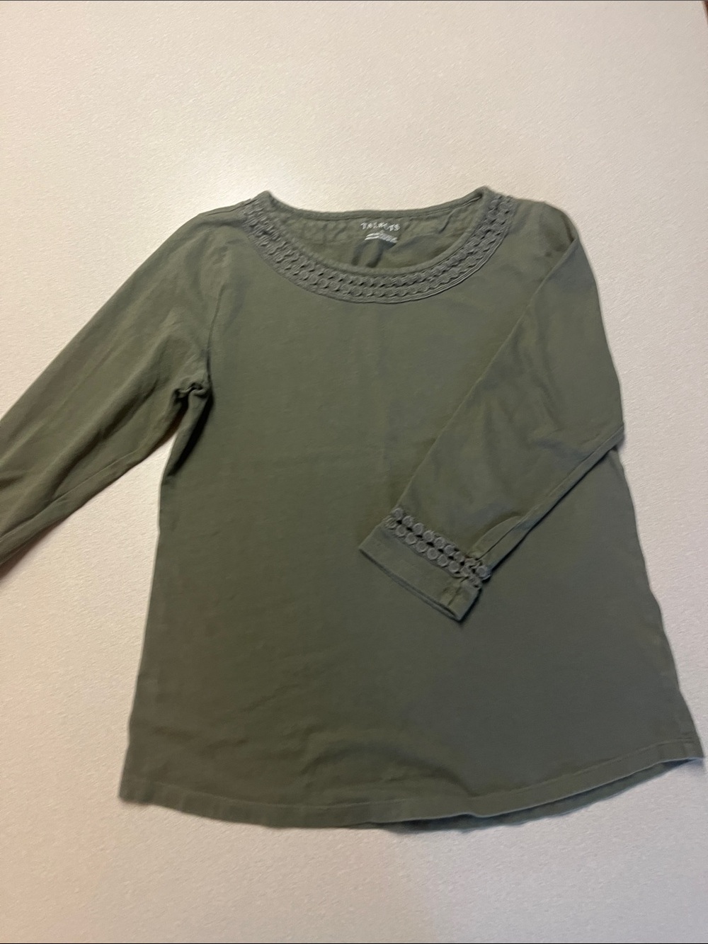 Talbots Olive Green Long Sleeve Top with Crochet Detail